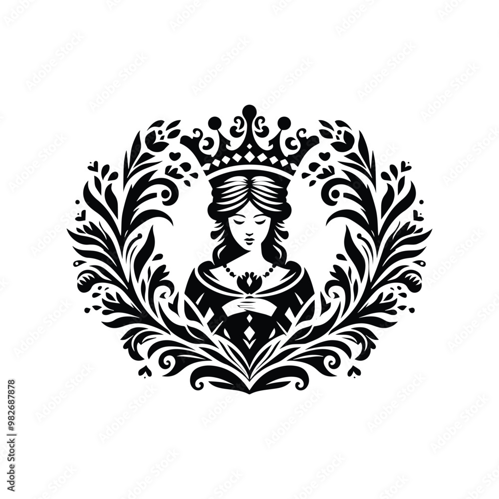 Naklejka premium queen inside folk art decoration in black and white illustrations, cutout graphic