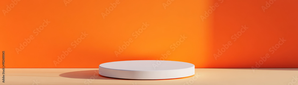 Minimalist white circular podium on a wooden surface against a vibrant orange background, capturing a modern, bright, and stylish presentation display. Minimalist white circular podium on a wooden surface against a vibrant orange background, capturing a modern, bright, and stylish presentation display.