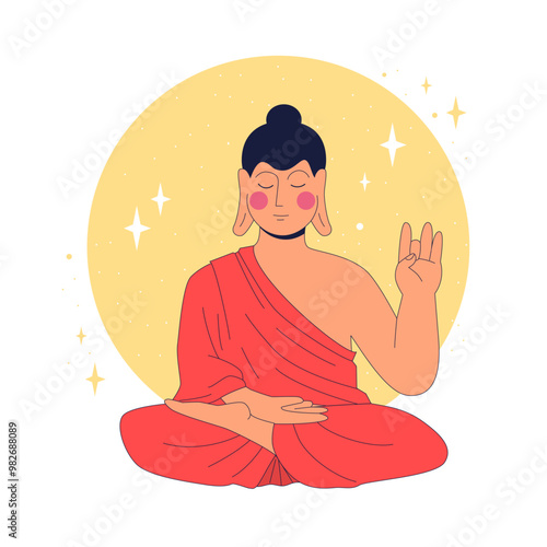 Buddha in lotus position meditating showing  Gyan mudra gesture  with moon in background. Concept of enlightenment and spiritual purity