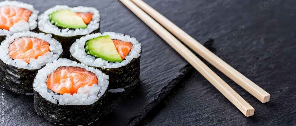 Delicious sushi rolls with salmon and cucumber, served on a black stone plate, perfect for an appetizing culinary experience. Delicious sushi rolls with salmon and cucumber, served on a black stone plate, perfect for an appetizing culinary experience.