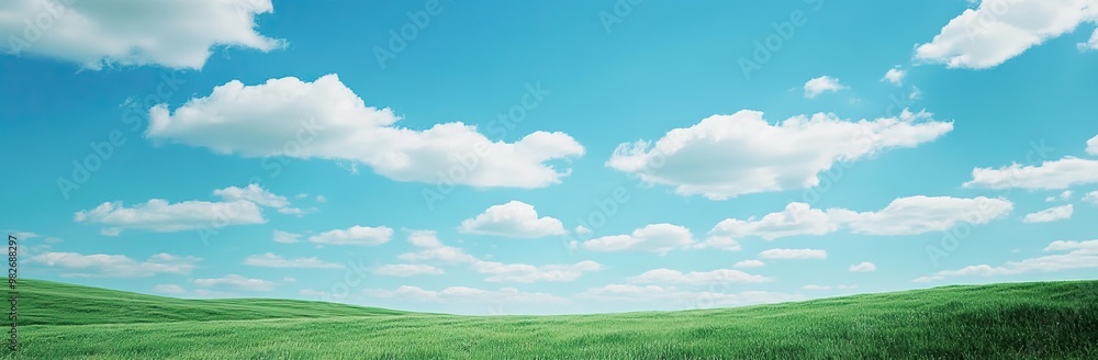 Serene Green Field Under a Blue Sky with Fluffy White Clouds Serene Green Field Under a Blue Sky with Fluffy White Clouds