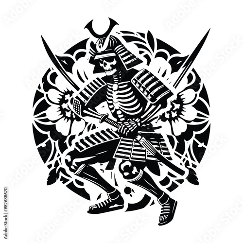 samurai skeleton with folk art decoration in black and white illustrations, cutout graphic