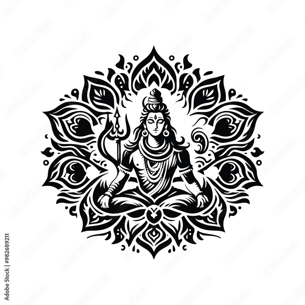 Fototapeta premium Shiva hindu god with folk art decoration in black and white illustrations, cutout graphic