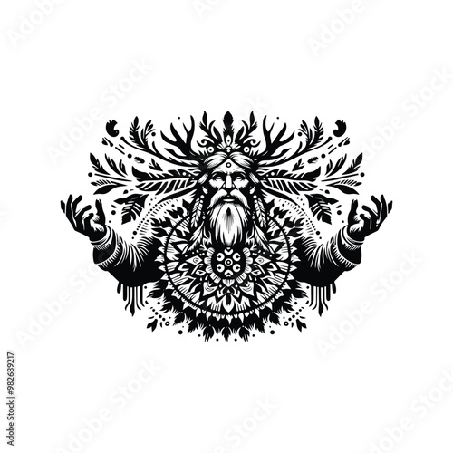 shaman male with folk art decoration in black and white illustrations, cutout graphic