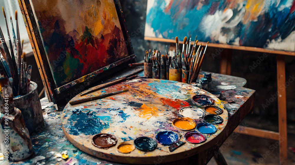 A close-up of colorful oil paints and brushes on a palette A close-up of colorful oil paints and brushes on a palette
