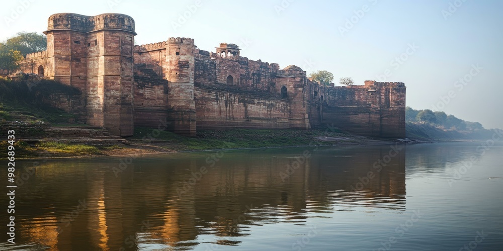 Fototapeta premium Stone fort reflected in a still river.