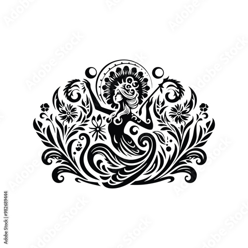 Sirens creature inside folk art decoration in black and white illustrations, cutout graphic