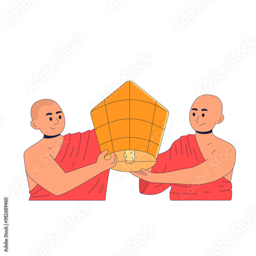 Two young bald monks release a paper lantern into the sky to celebrate Buddha's birthday, Visakha. Concept of striving for enlightenment and peaceful coexistence