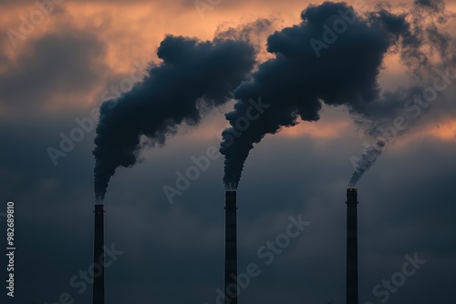 Industrial smokestacks emitting dark smoke against a dramatic sky, symbolizing pollution and environmental concerns. photo