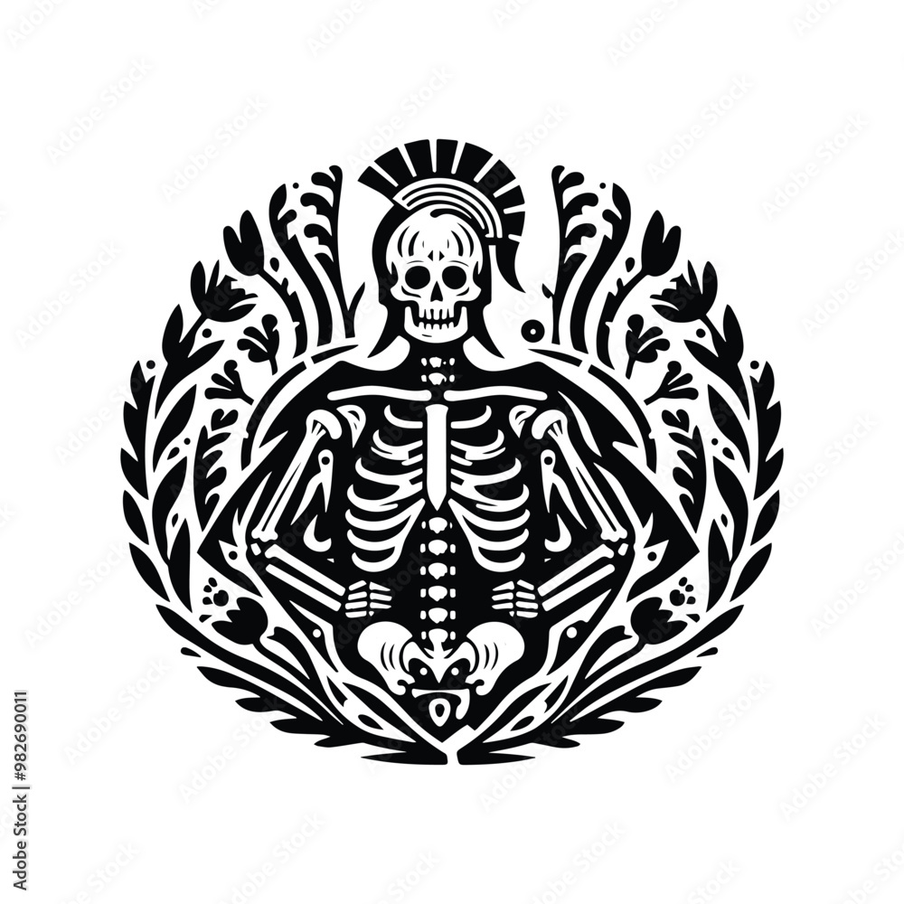 sparta skeleton with folk art decoration in black and white illustrations, cutout graphic sparta skeleton with folk art decoration in black and white illustrations, cutout graphic