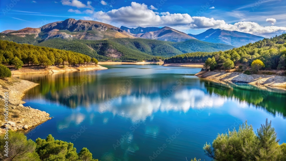 Scenic reservoir in Lozoya Valley, surrounded by mountains Pinilla, Guadarrama National Park, Madrid Scenic reservoir in Lozoya Valley, surrounded by mountains Pinilla, Guadarrama National Park, Madrid