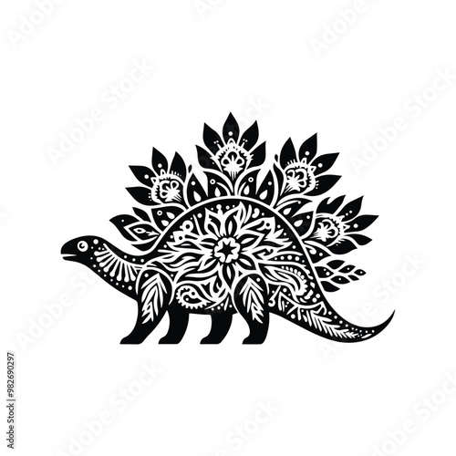 Stegosaurus with folk art decoration in black and white illustrations, cutout graphic