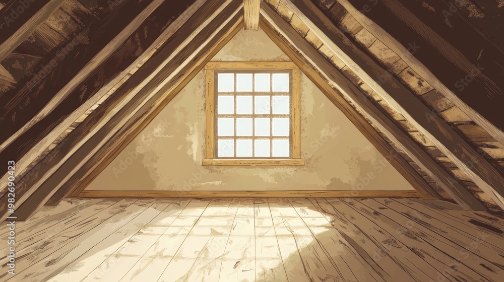Obraz premium Empty Dusty Attic With Wooden Ceiling And Floor In Rustic Style With Open Window