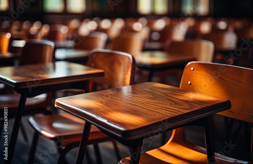 Empty classroom with its benches prepared for the start of classes.