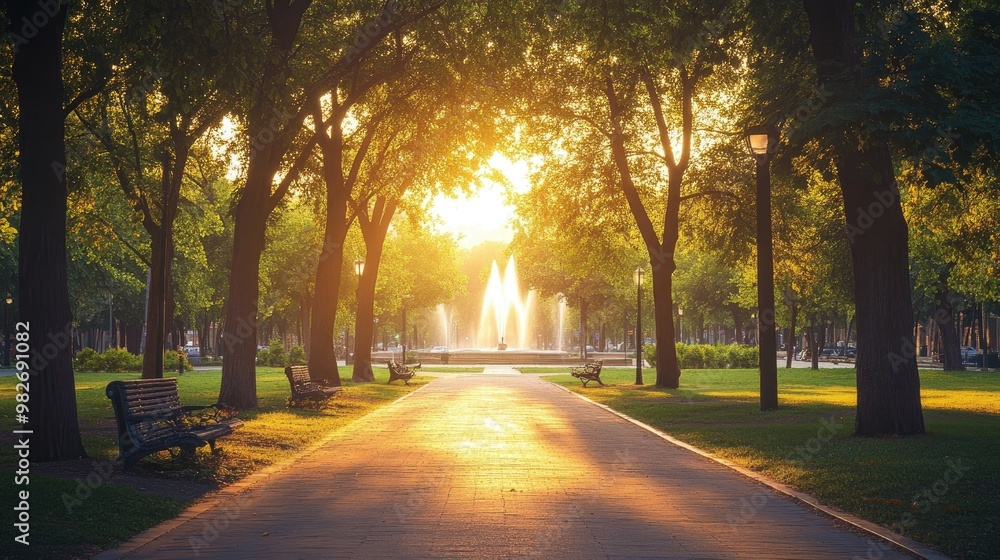 Fototapeta premium A beautiful urban park at sunrise, with trees lining walking paths and a fountain in the distance