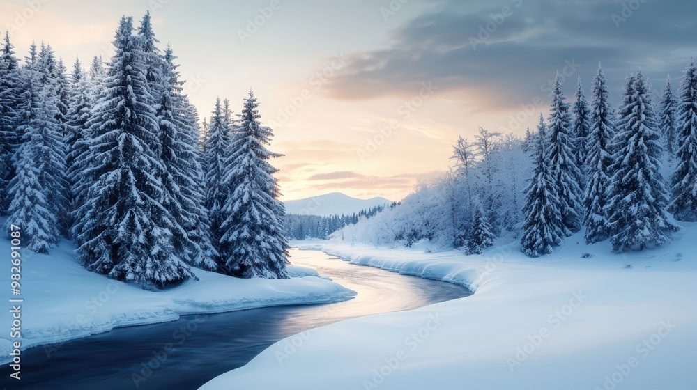 Tranquil winter landscape with snow-covered trees and a serene river reflecting the soft hues of a winter sunset. Tranquil winter landscape with snow-covered trees and a serene river reflecting the soft hues of a winter sunset.