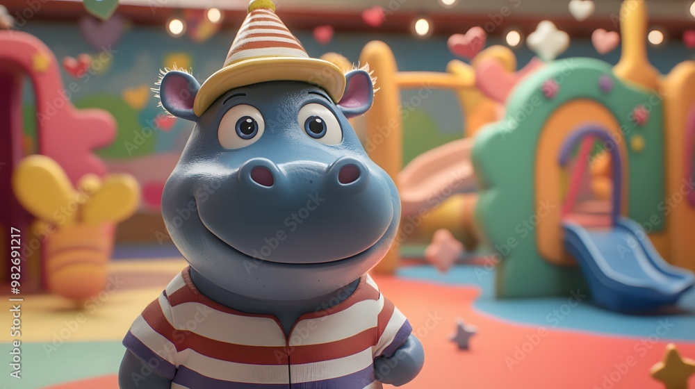 Naklejka premium Shiny hippo with big playful eyes wearing a striped shirt funny hat and surrounded by hearts stars in a cheerful playground