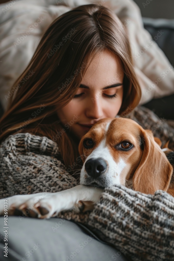 A woman lies down on a couch with her dog by her side, relaxing together A woman lies down on a couch with her dog by her side, relaxing together