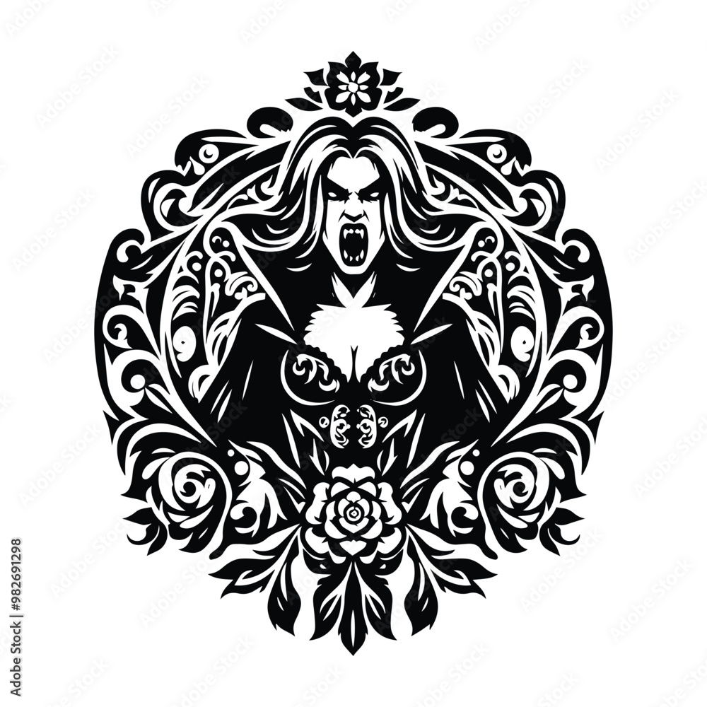 vampire female with folk art decoration in black and white illustrations, cutout graphic vampire female with folk art decoration in black and white illustrations, cutout graphic