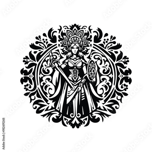 Valkyrie goddess inside folk art decoration in black and white illustrations, cutout graphic