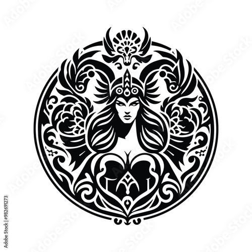 Valkyrie goddess with folk art decoration in black and white illustrations, cutout graphic