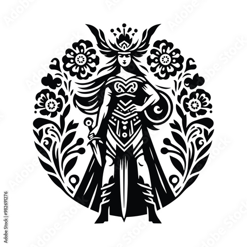 Valkyrie goddess with folk art decoration in black and white illustrations, cutout graphic