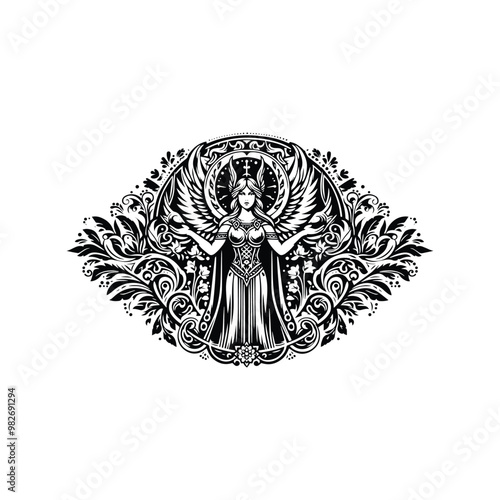 Valkyrie goddess inside folk art decoration in black and white illustrations, cutout graphic