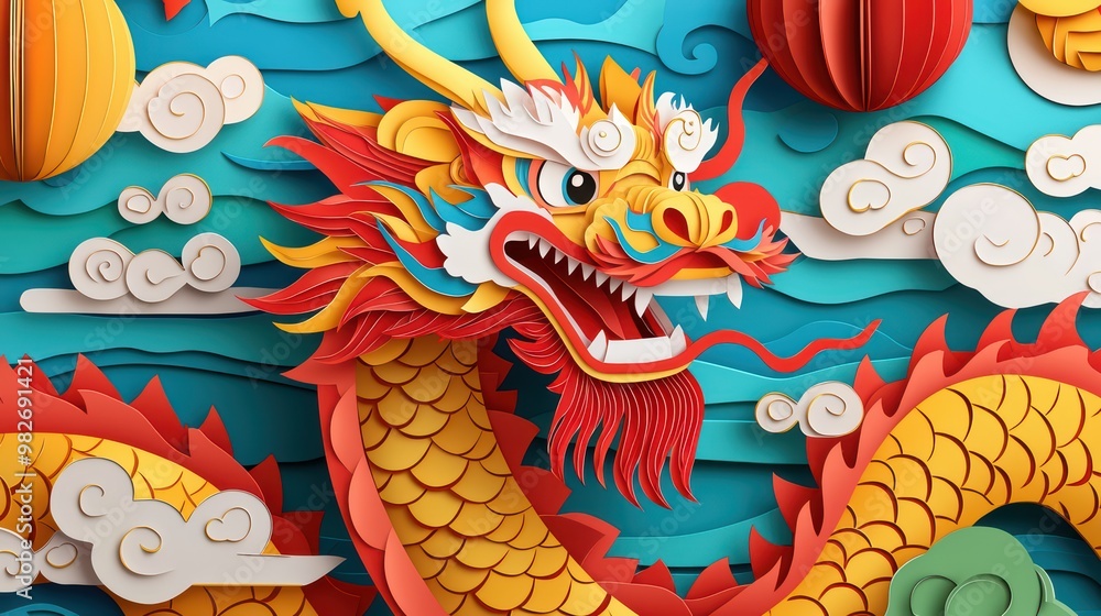 Vibrant paper art featuring a fierce dragon amid colorful clouds and lanterns, symbolizing strength and good fortune. Vibrant paper art featuring a fierce dragon amid colorful clouds and lanterns, symbolizing strength and good fortune.