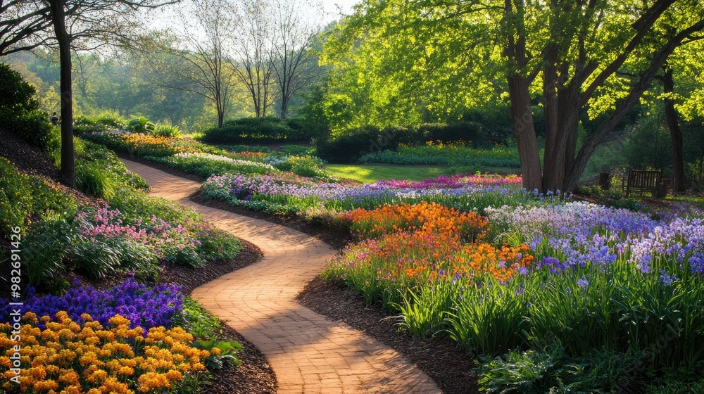 Obraz premium A colorful park with blooming flowers, tall trees, and winding walking paths