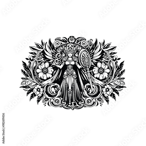 Valkyrie goddess inside folk art decoration in black and white illustrations, cutout graphic