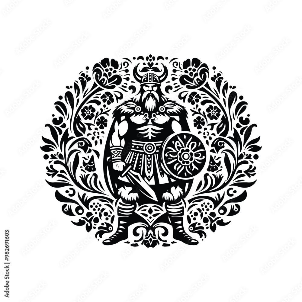 Fototapeta premium viking male with folk art decoration in black and white illustrations, cutout graphic