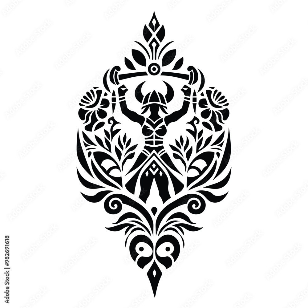 viking female with folk art decoration in black and white illustrations, cutout graphic viking female with folk art decoration in black and white illustrations, cutout graphic