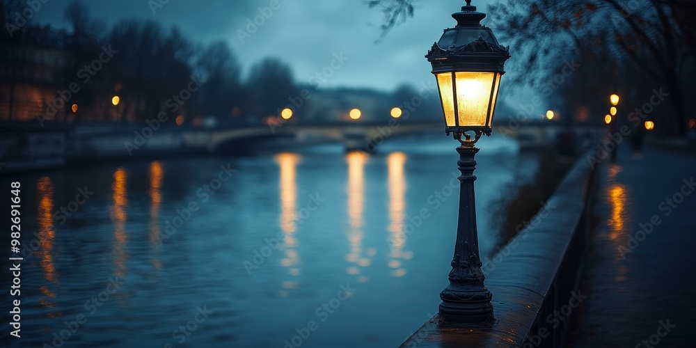 A streetlight illuminates a river and bridge.