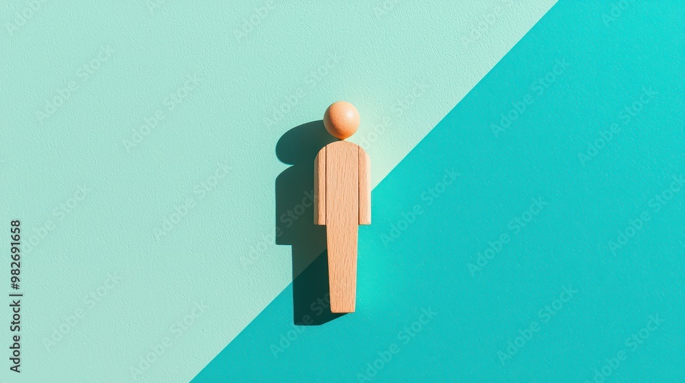 Wooden figure symbolizing individuality and creativity on a colorful background, perfect for concepts of identity and inspiration. Wooden figure symbolizing individuality and creativity on a colorful background, perfect for concepts of identity and inspiration.