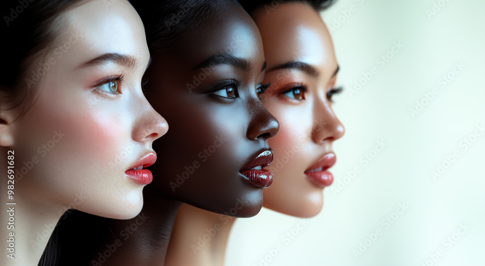 Multiracial group of young women. Three women's faces seen in profile. Caucasian, black and asian women with perfect skin seen in profile with copy space