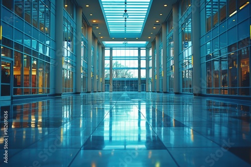 A wide-angle shot of a modern, spacious, and well-lit interior corridor in a contemporary building with a symmetrical glass facade and reflective tiled floors