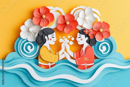 Vibrant paper art of two joyful dancers surrounded by colorful flowers, creating a playful and dynamic composition on a pink background. photo