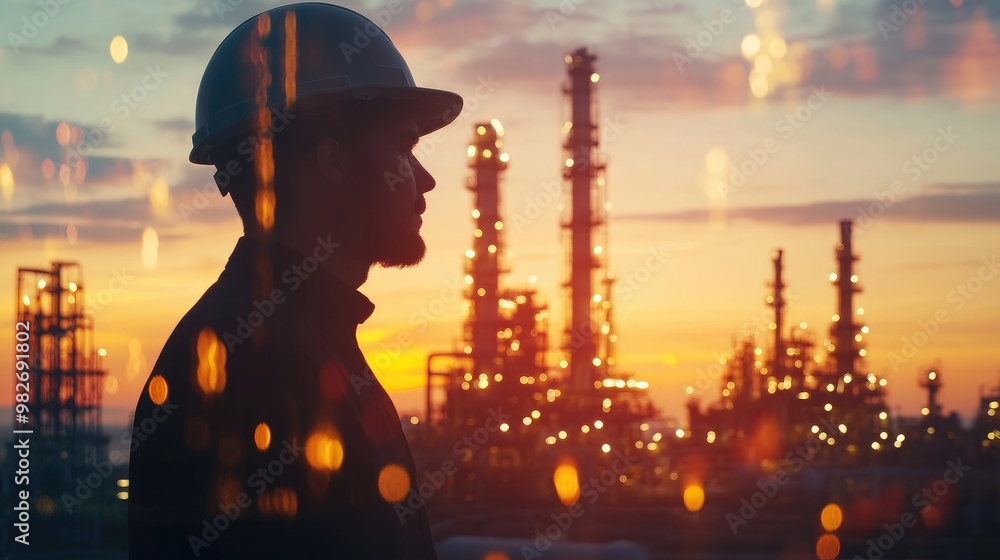 Supervisor overseeing operations at oil refinery (close up, focus on, copy space) Clear sky and vibrant metal infrastructure. Double exposure silhouette with refinery towers and flames Supervisor overseeing operations at oil refinery (close up, focus on, copy space) Clear sky and vibrant metal infrastructure. Double exposure silhouette with refinery towers and flames