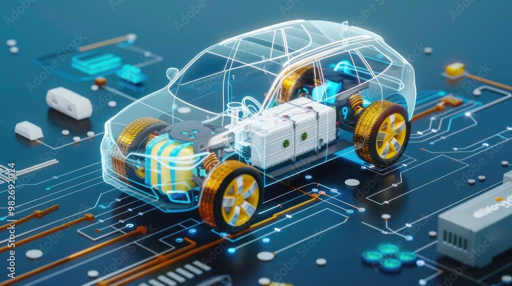 A car model displayed on a circuit board A car model displayed on a circuit board