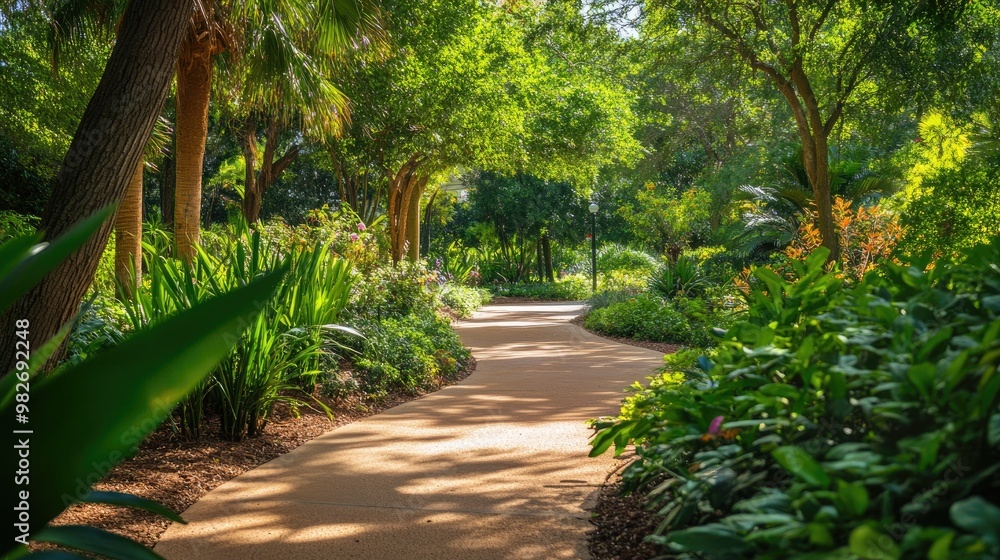 Naklejka premium A hidden park gem with quiet walking paths, surrounded by lush greenery and a peaceful atmosphere