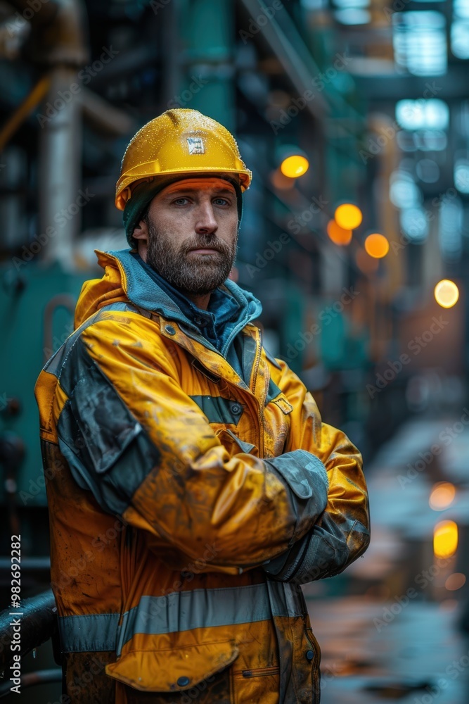 A rugged construction worker in a wet and industrial environment wearing protective gear with a focused expression, representing the physically demanding nature of his job A rugged construction worker in a wet and industrial environment wearing protective gear with a focused expression, representing the physically demanding nature of his job