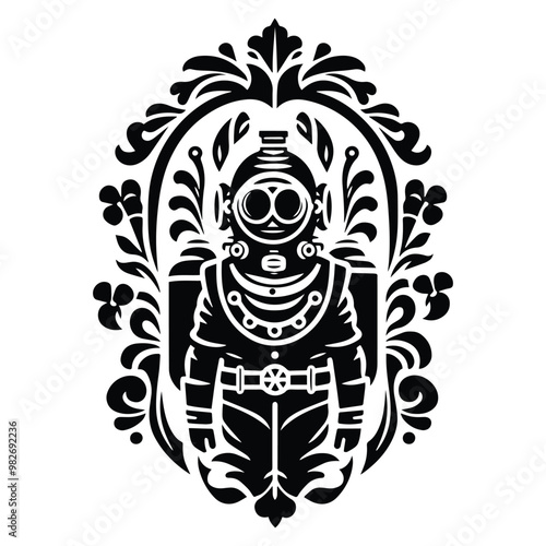vintage diving suit with folk art decoration in black and white illustrations, cutout graphic