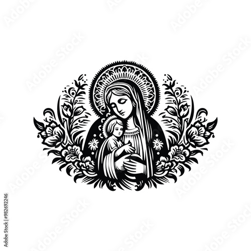 virgin marry inside folk art decoration in black and white illustrations, cutout graphic
