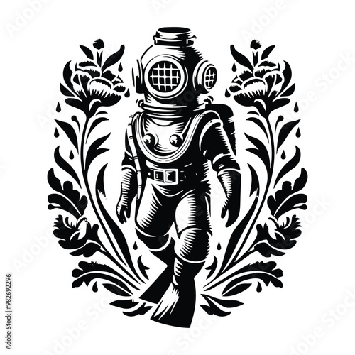 vintage diving suit with folk art decoration in black and white illustrations, cutout graphic