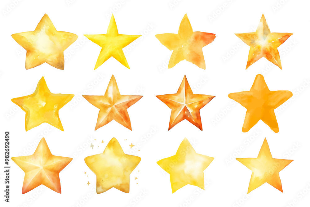 Yellow star watercolor png element set, transparent background