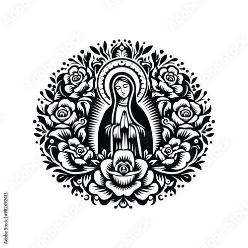virgin marry inside folk art decoration in black and white illustrations, cutout graphic