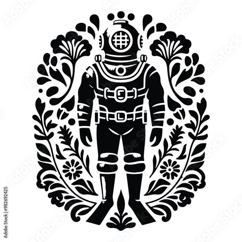 vintage diving suit with folk art decoration in black and white illustrations, cutout graphic