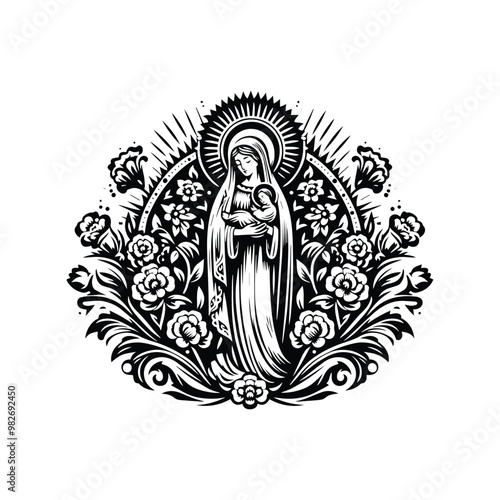 virgin marry inside folk art decoration in black and white illustrations, cutout graphic
