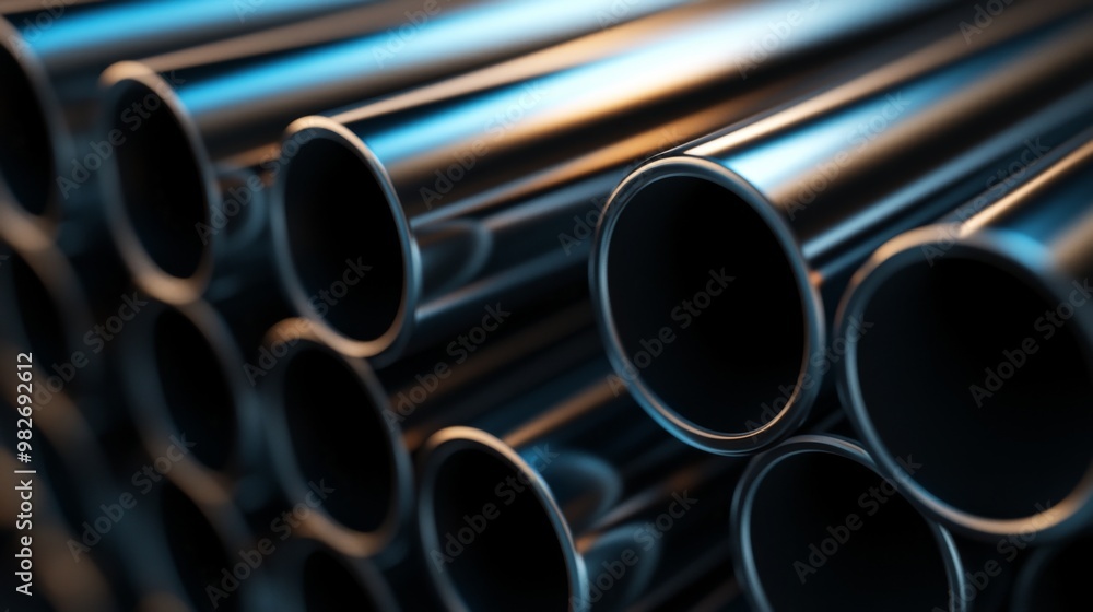 A perspective view along the length of several stacked stainless steel pipes, showing the repetition and precision in manufacturing, set against a dark background A perspective view along the length of several stacked stainless steel pipes, showing the repetition and precision in manufacturing, set against a dark background