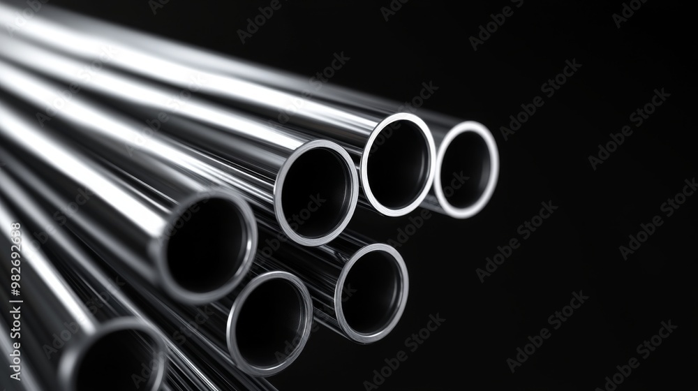 A perspective view along the length of several stacked stainless steel pipes, showing the repetition and precision in manufacturing, set against a dark background A perspective view along the length of several stacked stainless steel pipes, showing the repetition and precision in manufacturing, set against a dark background